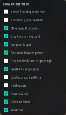 The spotting tool's layers panel with toggles for paths, jump run, landing patterns, holding slots, hazards and the wind cone