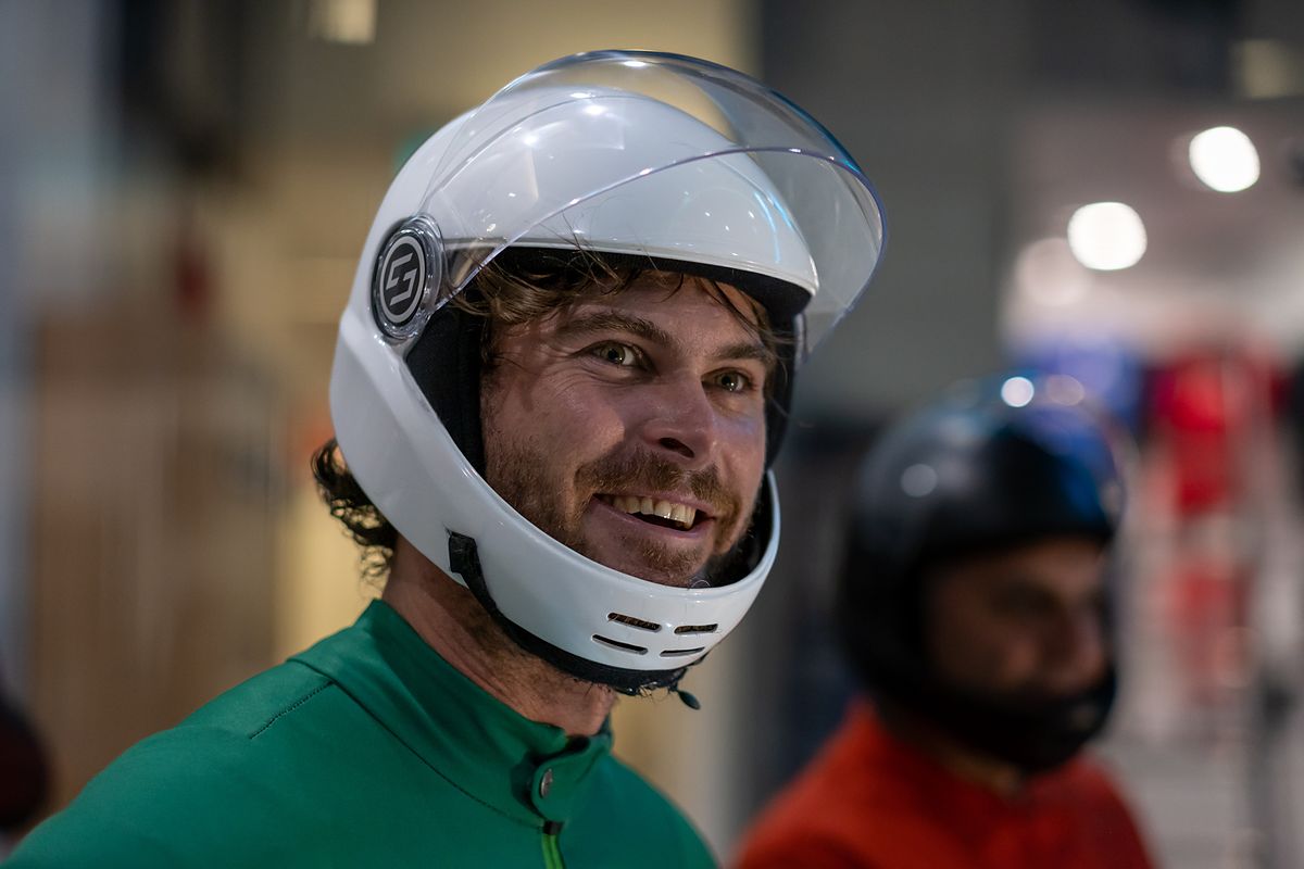 Mason in helmet and goggles before a jump