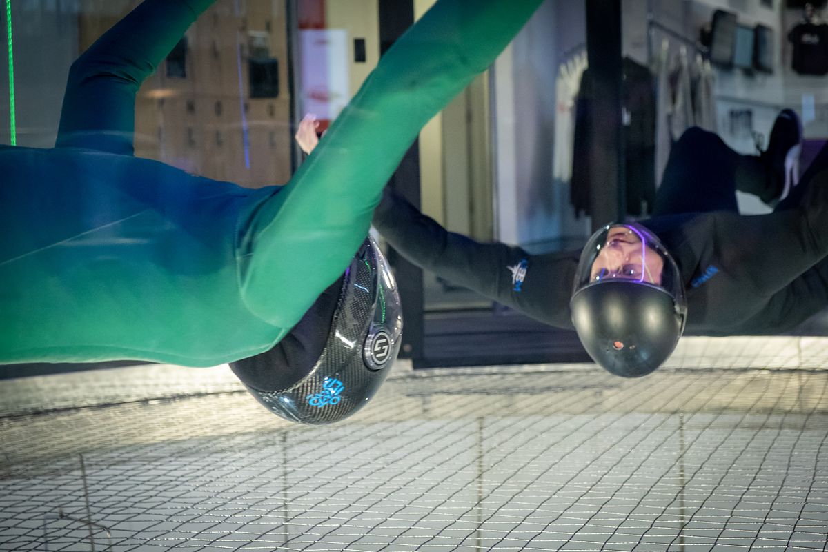A flyer working low in the tunnel chamber