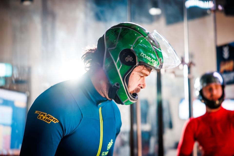 Helmet on, focused