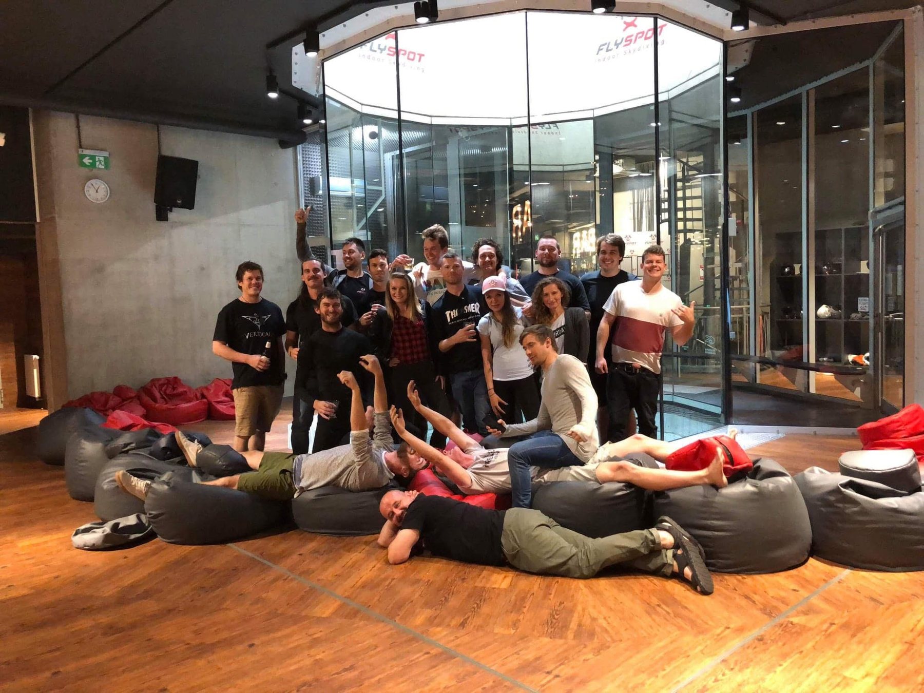 A tunnel camp group relaxing on beanbags after flying