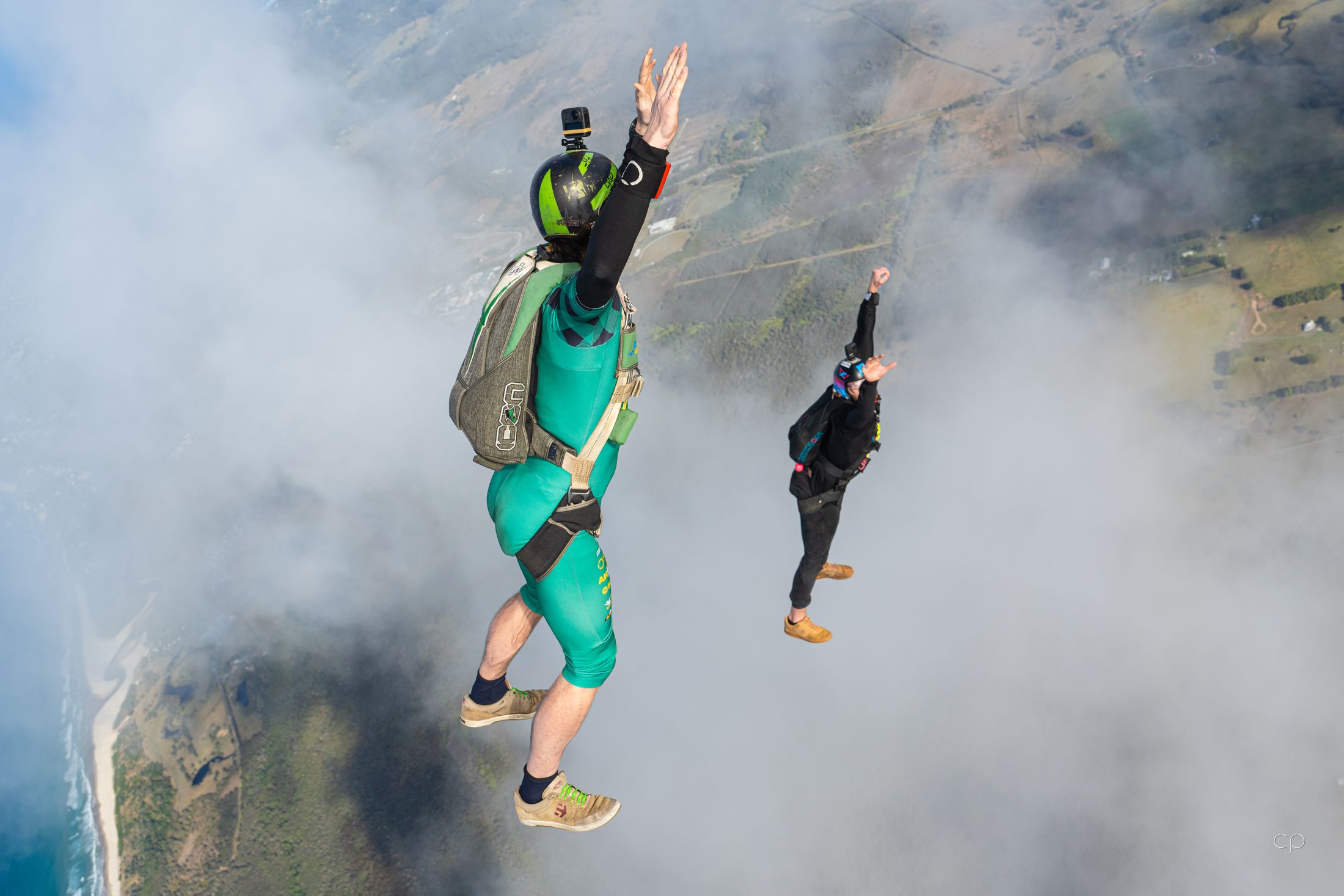 Flying head up through cloud